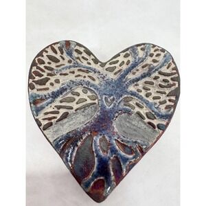 Handmade Ceramic Heart Tree of Life Art 3" Glazed Pottery Wall or Shelf Decor
